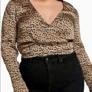 Good American Feline Fine Cheetah Print Long Sleeve Faux Wrap Blouse